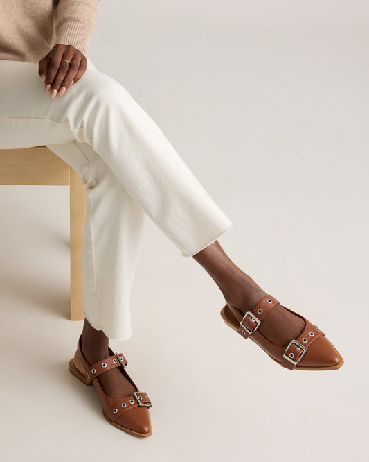 Italian Leather Cognac Bold Buckle Slingback Flat